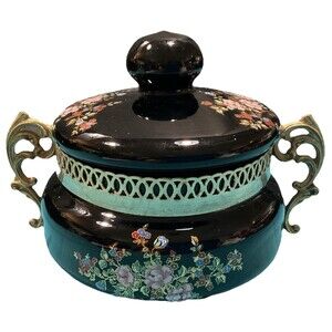 Vintage Black Opaline And Gilt Brass Framed Trinket Dish Floral Decorative